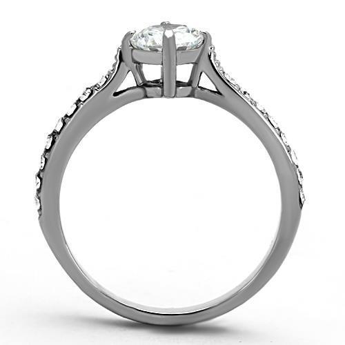 A high-polished stainless steel ring featuring clear round cubic zirconia stones, designed for women.