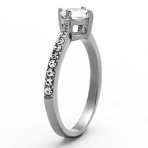 A high-polished stainless steel ring featuring clear round cubic zirconia stones, designed for women.