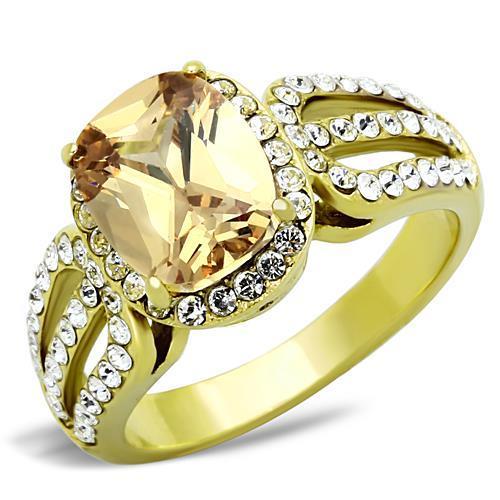 Elegant Women Stainless Steel Ring with Champagne Cubic Zirconia and IP Gold Plating.