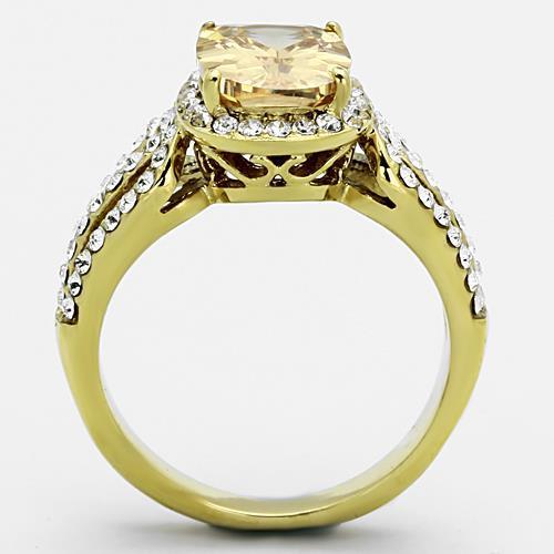 Elegant Women Stainless Steel Ring with Champagne Cubic Zirconia and IP Gold Plating.