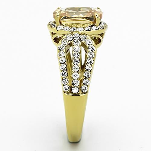 Elegant Women Stainless Steel Ring with Champagne Cubic Zirconia and IP Gold Plating.