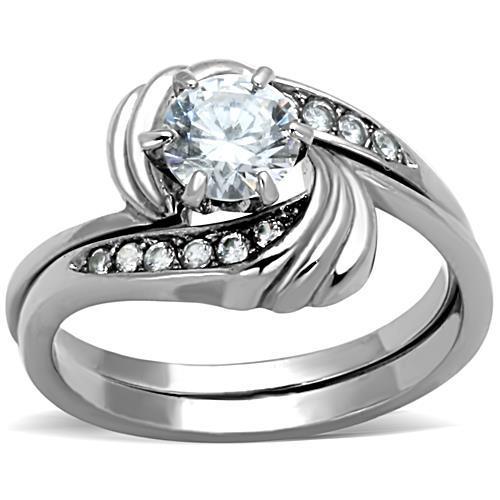 Elegant Women Stainless Steel Ring with Clear Cubic Zirconia, featuring a high-polished finish and round design.