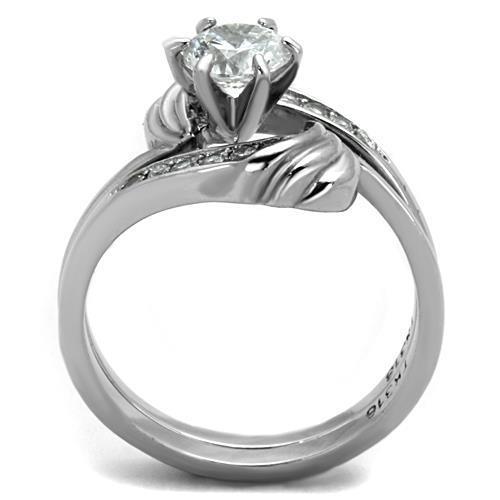 Elegant Women Stainless Steel Ring with Clear Cubic Zirconia, featuring a high-polished finish and round design.