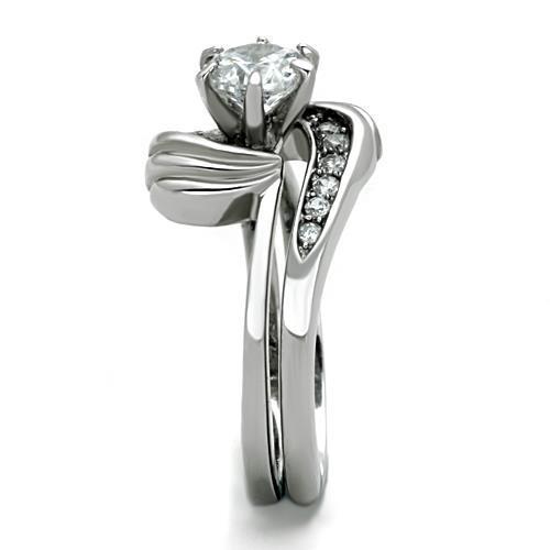 Elegant Women Stainless Steel Ring with Clear Cubic Zirconia, featuring a high-polished finish and round design.