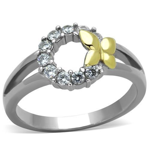 Elegant Women Stainless Steel Cubic Zirconia Ring with two-tone gold plating and sparkling clear stones.