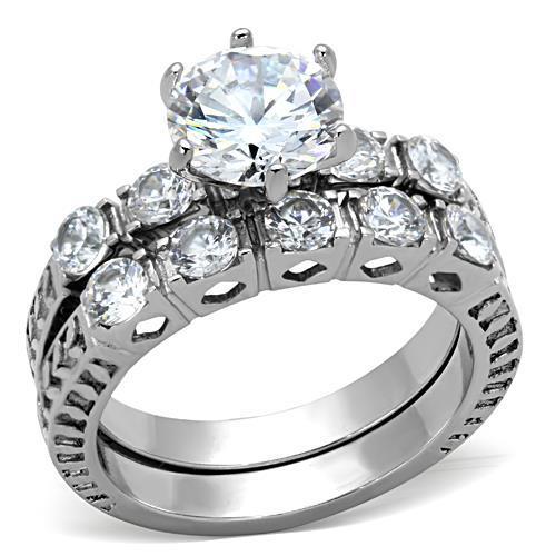 Elegant Women Stainless Steel Ring with Clear Cubic Zirconia, showcasing a high-polished finish and round design.