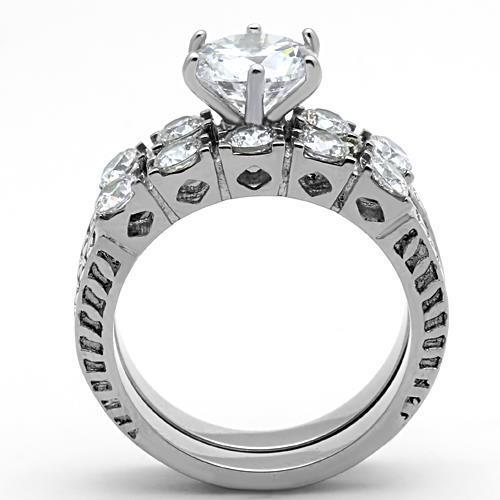 Elegant Women Stainless Steel Ring with Clear Cubic Zirconia, showcasing a high-polished finish and round design.