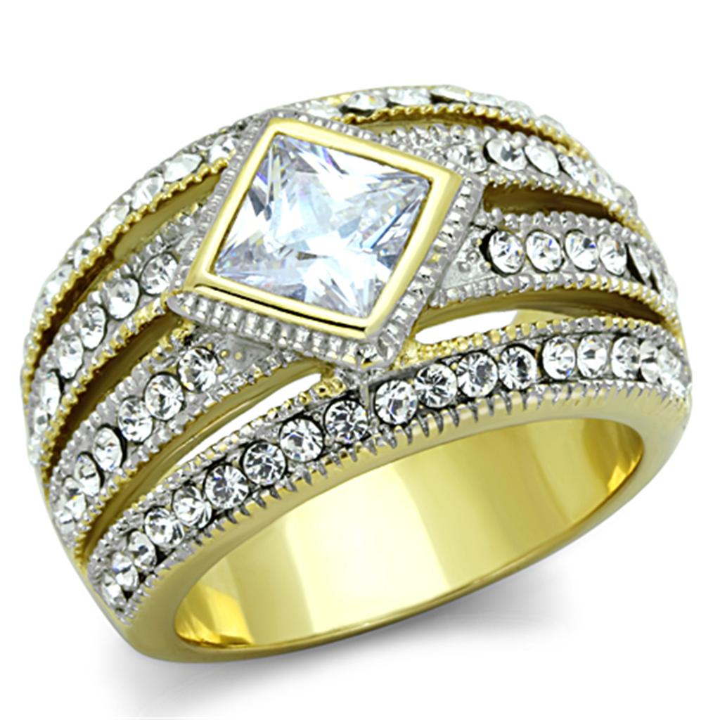 Women Stainless Steel Cubic Zirconia Ring with two-tone IP gold finish and clear stones, showcasing elegance and durability.