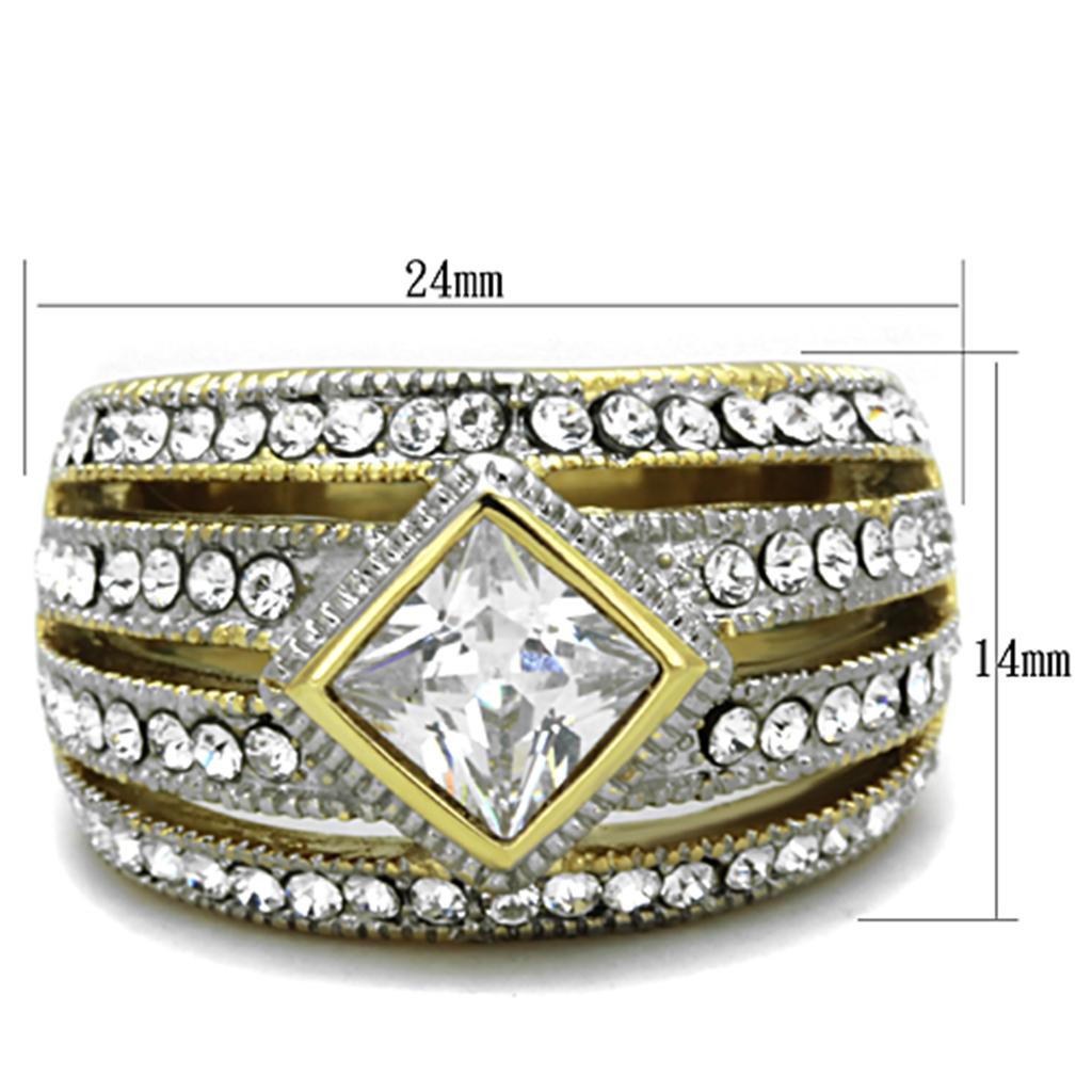 Women Stainless Steel Cubic Zirconia Ring with two-tone IP gold finish and clear stones, showcasing elegance and durability.