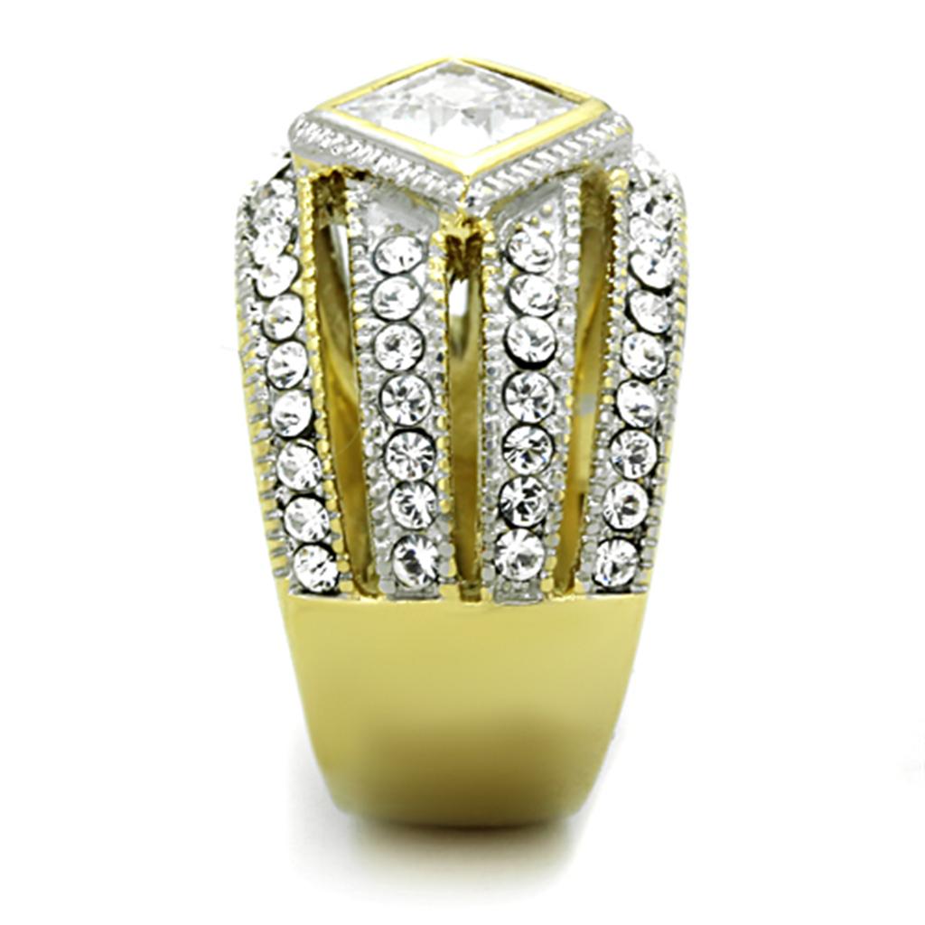 Women Stainless Steel Cubic Zirconia Ring with two-tone IP gold finish and clear stones, showcasing elegance and durability.