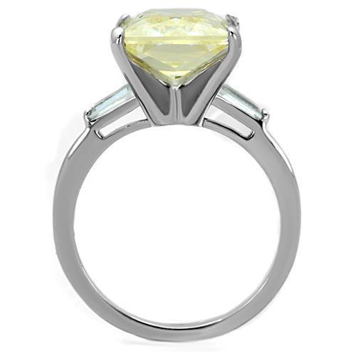 Elegant Women Stainless Steel Ring with Citrine Yellow Cubic Zirconia, high polished finish.