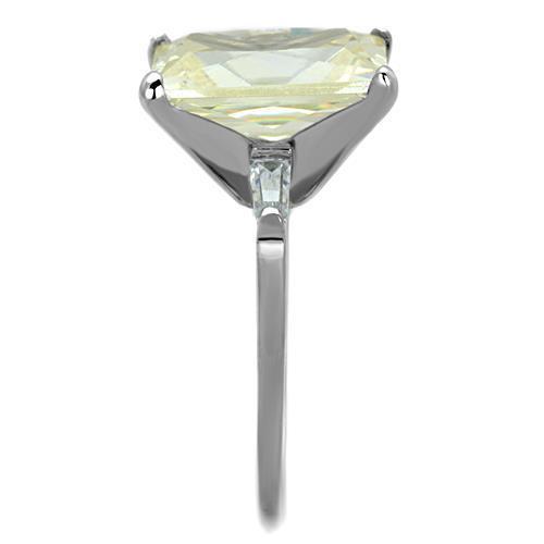 Elegant Women Stainless Steel Ring with Citrine Yellow Cubic Zirconia, high polished finish.