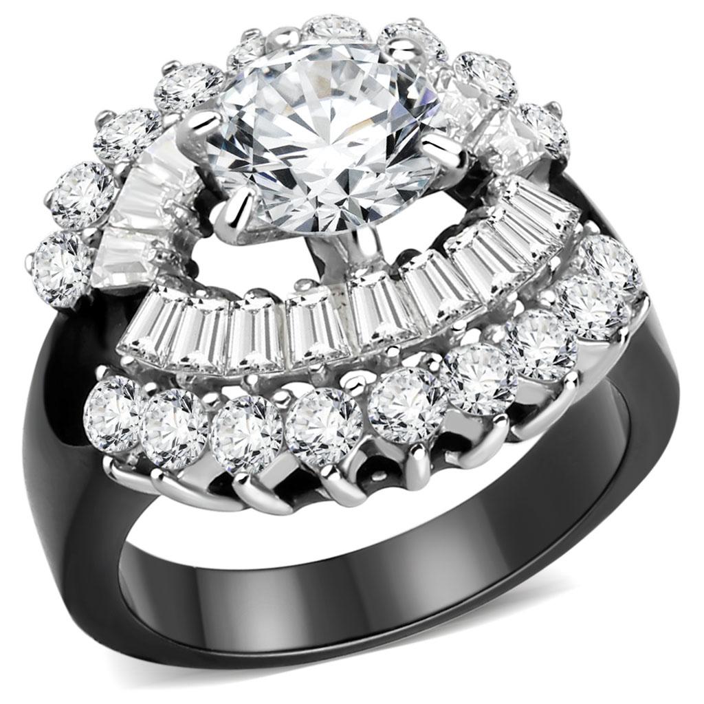 Elegant two-tone stainless steel ring with cubic zirconia stones, designed for women.