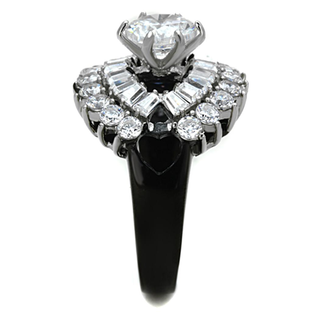 Elegant two-tone stainless steel ring with cubic zirconia stones, designed for women.