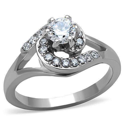 Elegant Women Stainless Steel Ring with Clear Round Cubic Zirconia, showcasing high-polished finish and modern design.