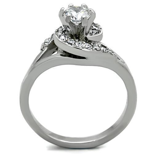 Elegant Women Stainless Steel Ring with Clear Round Cubic Zirconia, showcasing high-polished finish and modern design.