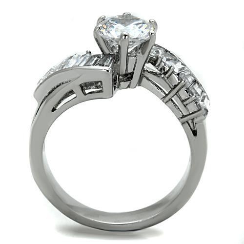 Elegant Women Stainless Steel Ring with Clear Cubic Zirconia Stones in Round Shape, High-Polished Finish