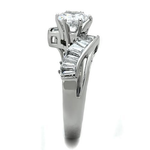 Elegant Women Stainless Steel Ring with Clear Cubic Zirconia Stones in Round Shape, High-Polished Finish