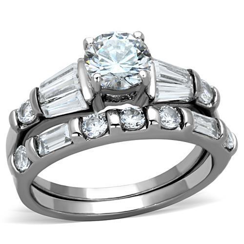 Elegant Women Stainless Steel Ring with Clear Round Cubic Zirconia, high-polished finish, showcasing its stunning design.