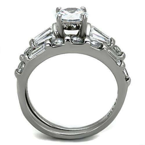 Elegant Women Stainless Steel Ring with Clear Round Cubic Zirconia, high-polished finish, showcasing its stunning design.