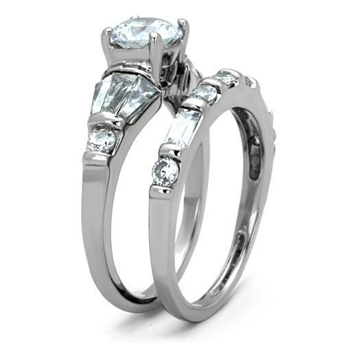 Elegant Women Stainless Steel Ring with Clear Round Cubic Zirconia, high-polished finish, showcasing its stunning design.