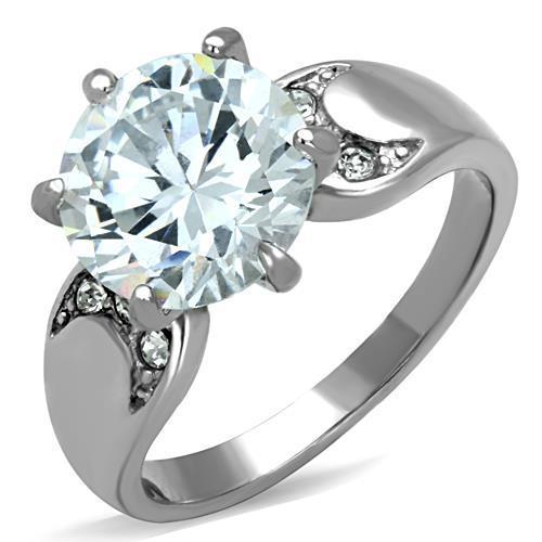 Elegant Women Stainless Steel Ring with clear cubic zirconia stones in a round setting, showcasing a high-polished finish.