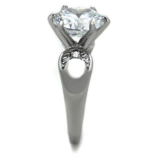 Elegant Women Stainless Steel Ring with clear cubic zirconia stones in a round setting, showcasing a high-polished finish.