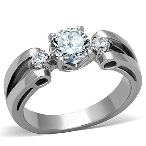 Elegant Women Stainless Steel Ring with Clear Cubic Zirconia Stones, featuring a high-polished finish and round design.