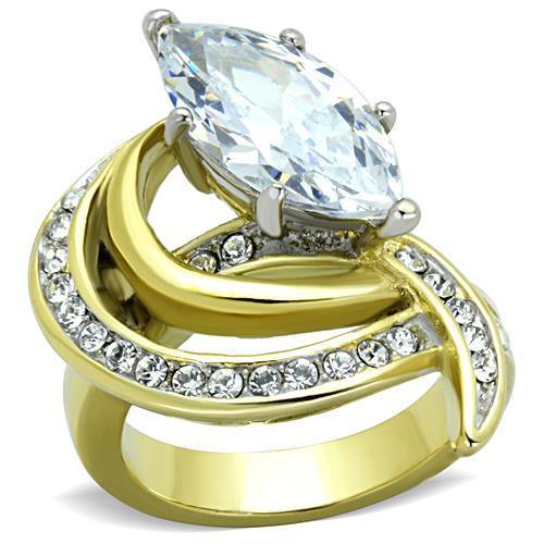 Elegant two-tone stainless steel ring with cubic zirconia stones, designed for women.