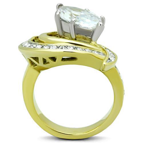 Elegant two-tone stainless steel ring with cubic zirconia stones, designed for women.