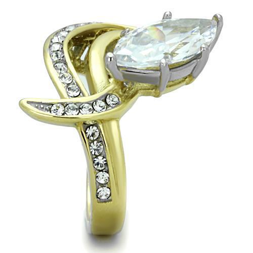 Elegant two-tone stainless steel ring with cubic zirconia stones, designed for women.