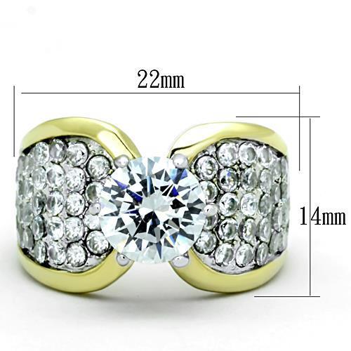 Elegant Women Stainless Steel Cubic Zirconia Ring with two-tone IP gold finish and clear stones, showcasing its sparkling design.