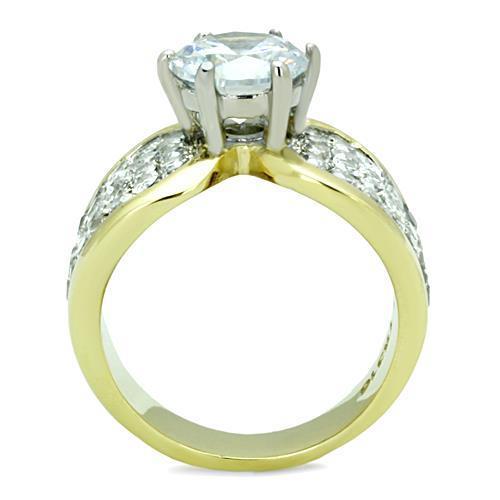 Elegant Women Stainless Steel Cubic Zirconia Ring with two-tone IP gold finish and clear stones, showcasing its sparkling design.