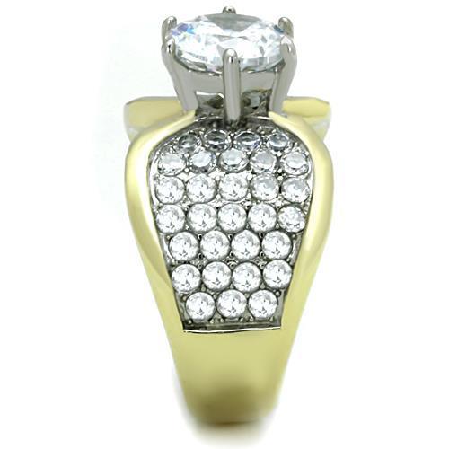 Elegant Women Stainless Steel Cubic Zirconia Ring with two-tone IP gold finish and clear stones, showcasing its sparkling design.