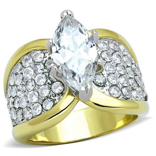 Elegant Women Stainless Steel Cubic Zirconia Ring with two-tone gold finish and sparkling clear stones.