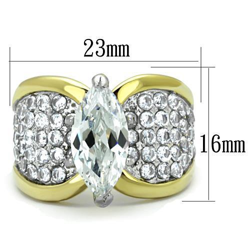 Elegant Women Stainless Steel Cubic Zirconia Ring with two-tone gold finish and sparkling clear stones.