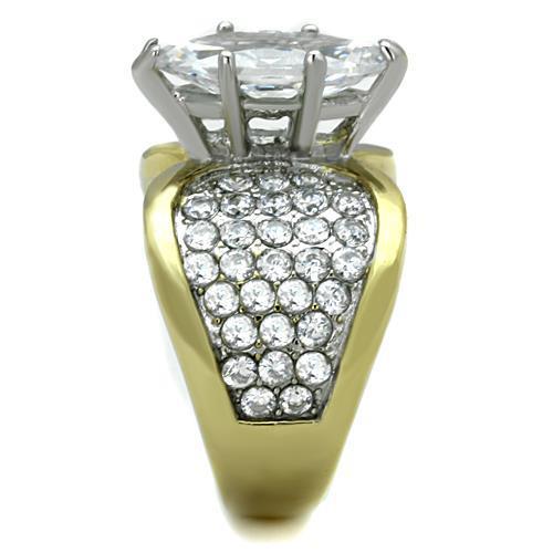 Elegant Women Stainless Steel Cubic Zirconia Ring with two-tone gold finish and sparkling clear stones.