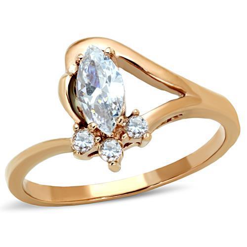 Women Stainless Steel Cubic Zirconia Ring in IP Rose Gold with sparkling clear stones.