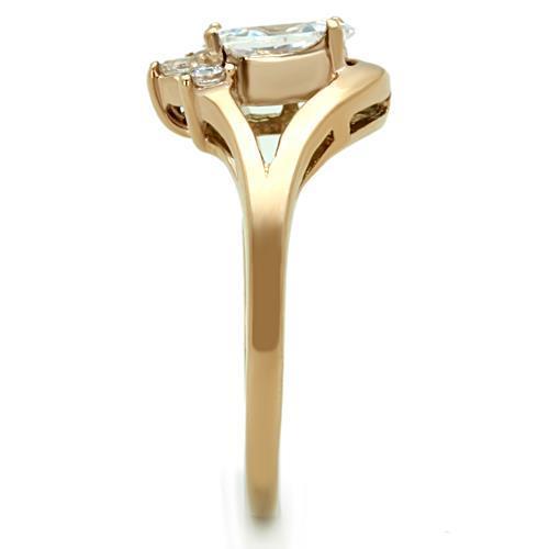 Women Stainless Steel Cubic Zirconia Ring in IP Rose Gold with sparkling clear stones.