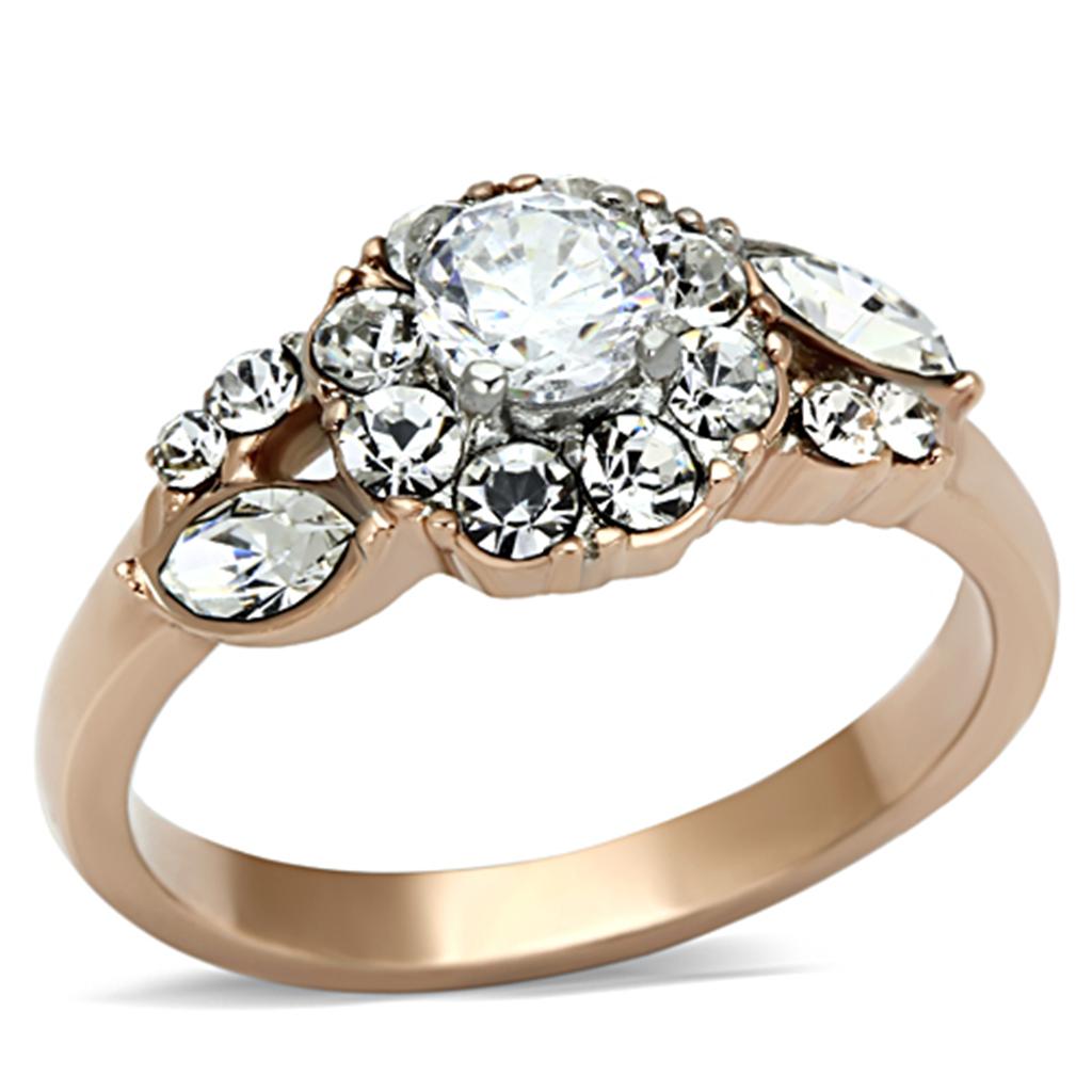 Elegant women’s stainless steel ring featuring cubic zirconia stones in a two-tone IP rose gold finish.