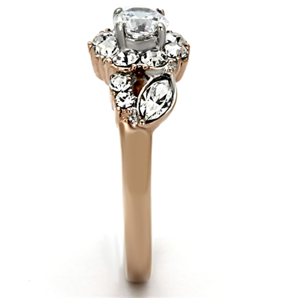 Elegant women’s stainless steel ring featuring cubic zirconia stones in a two-tone IP rose gold finish.