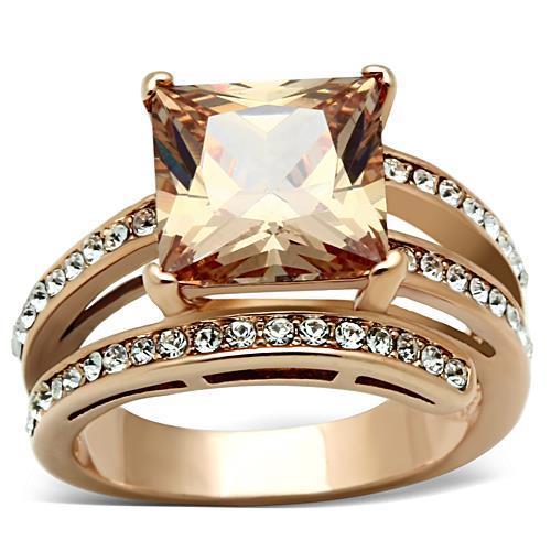 Elegant Women Stainless Steel Ring with Cubic Zirconia in Champagne Color and IP Rose Gold Finish.