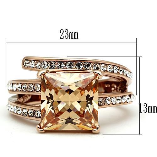 Elegant Women Stainless Steel Ring with Cubic Zirconia in Champagne Color and IP Rose Gold Finish.