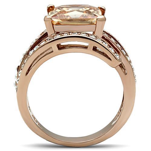 Elegant Women Stainless Steel Ring with Cubic Zirconia in Champagne Color and IP Rose Gold Finish.