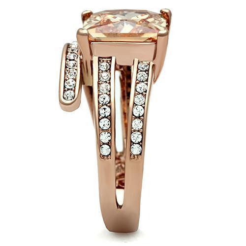 Elegant Women Stainless Steel Ring with Cubic Zirconia in Champagne Color and IP Rose Gold Finish.