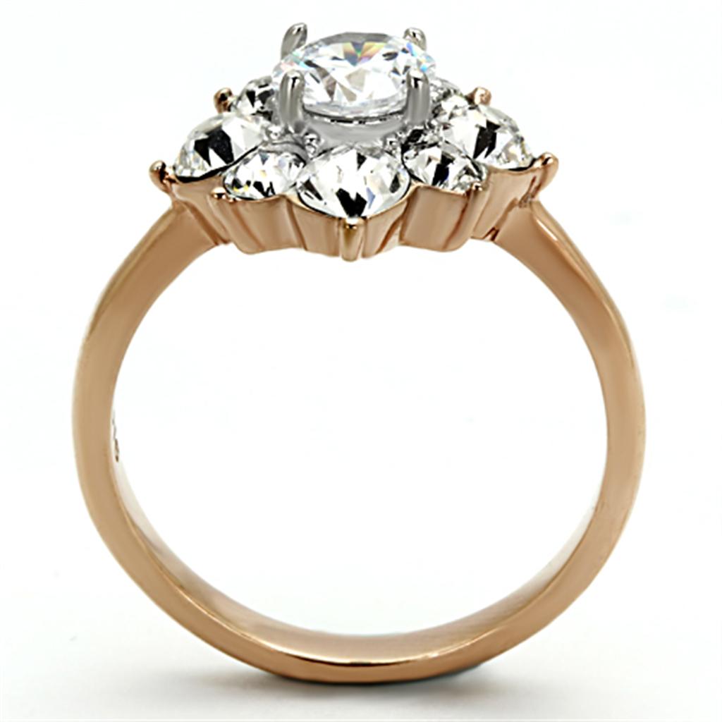 Elegant Women Stainless Steel Cubic Zirconia Ring in two-tone IP rose gold with clear round stones.