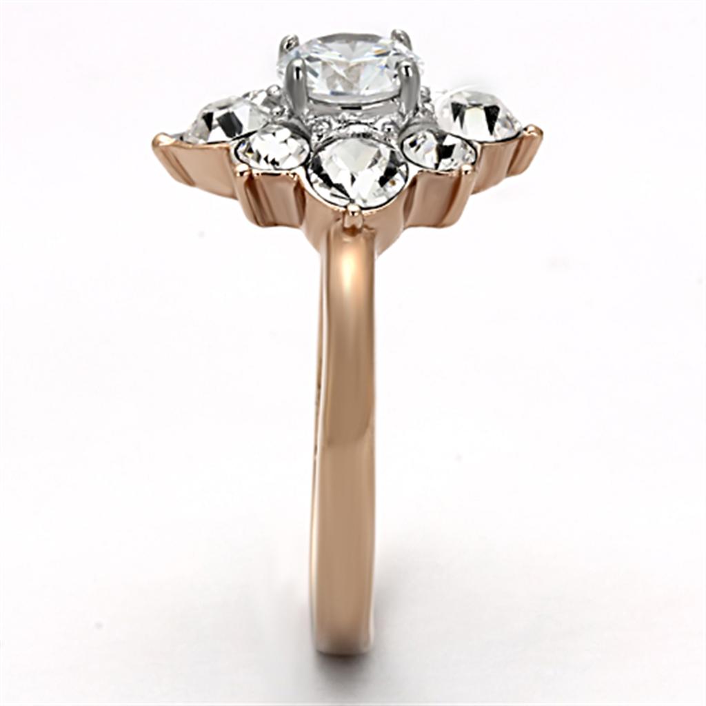 Elegant Women Stainless Steel Cubic Zirconia Ring in two-tone IP rose gold with clear round stones.