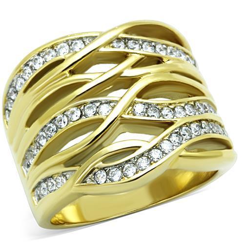 Women Stainless Steel Cubic Zirconia Ring with Two-Tone IP Gold Finish, featuring sparkling clear stones.