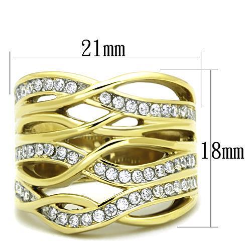 Women Stainless Steel Cubic Zirconia Ring with Two-Tone IP Gold Finish, featuring sparkling clear stones.