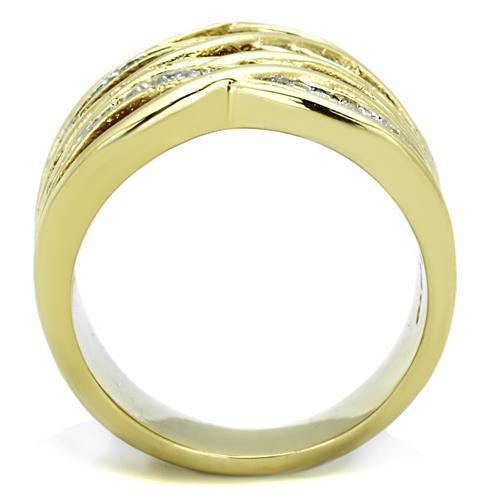 Women Stainless Steel Cubic Zirconia Ring with Two-Tone IP Gold Finish, featuring sparkling clear stones.